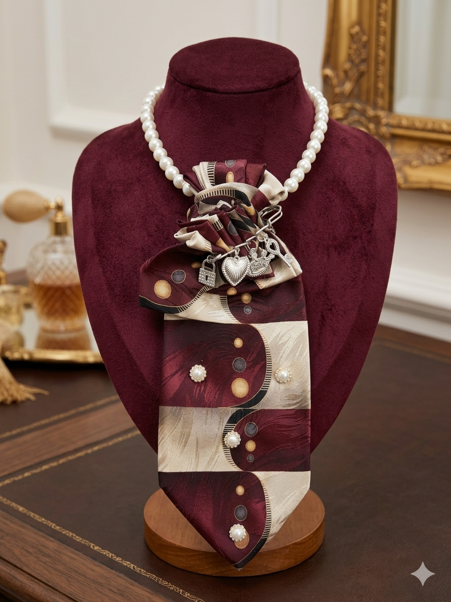 Burgundy Pearl Statement Necklace Tie with Charm Details
