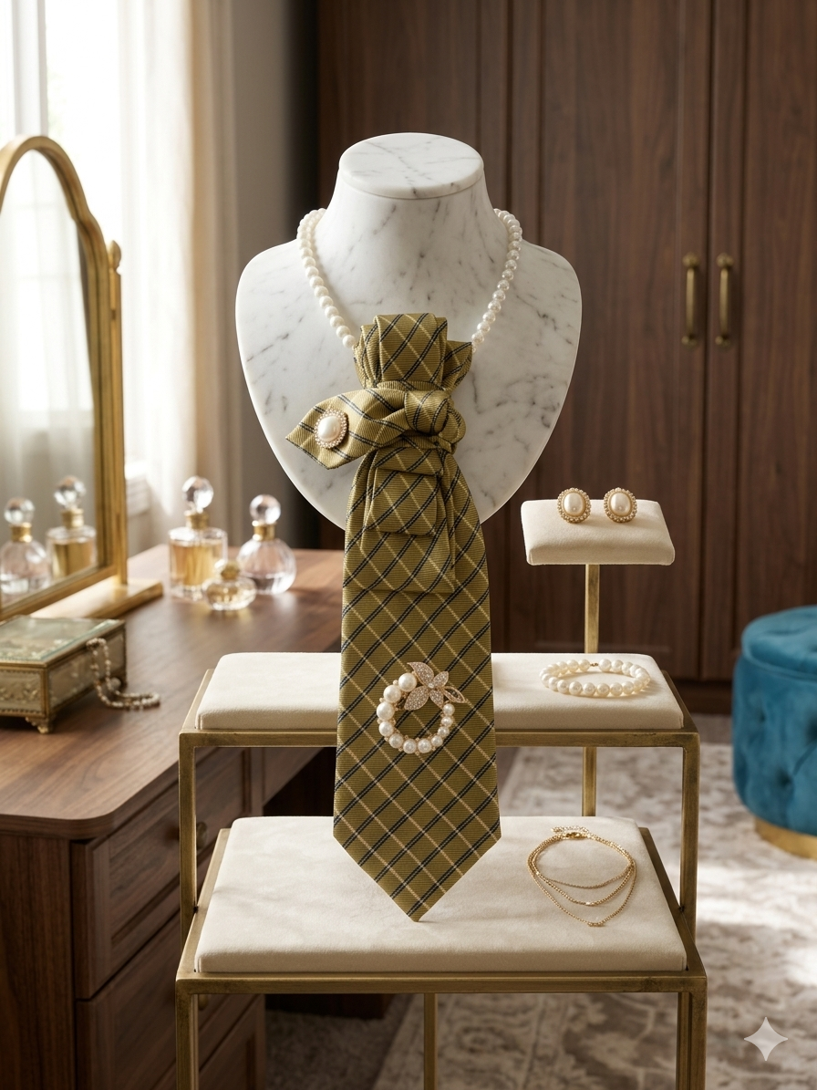 Mustard Gold Plaid Necklace Tie with Pearl Accents | Statement Piece