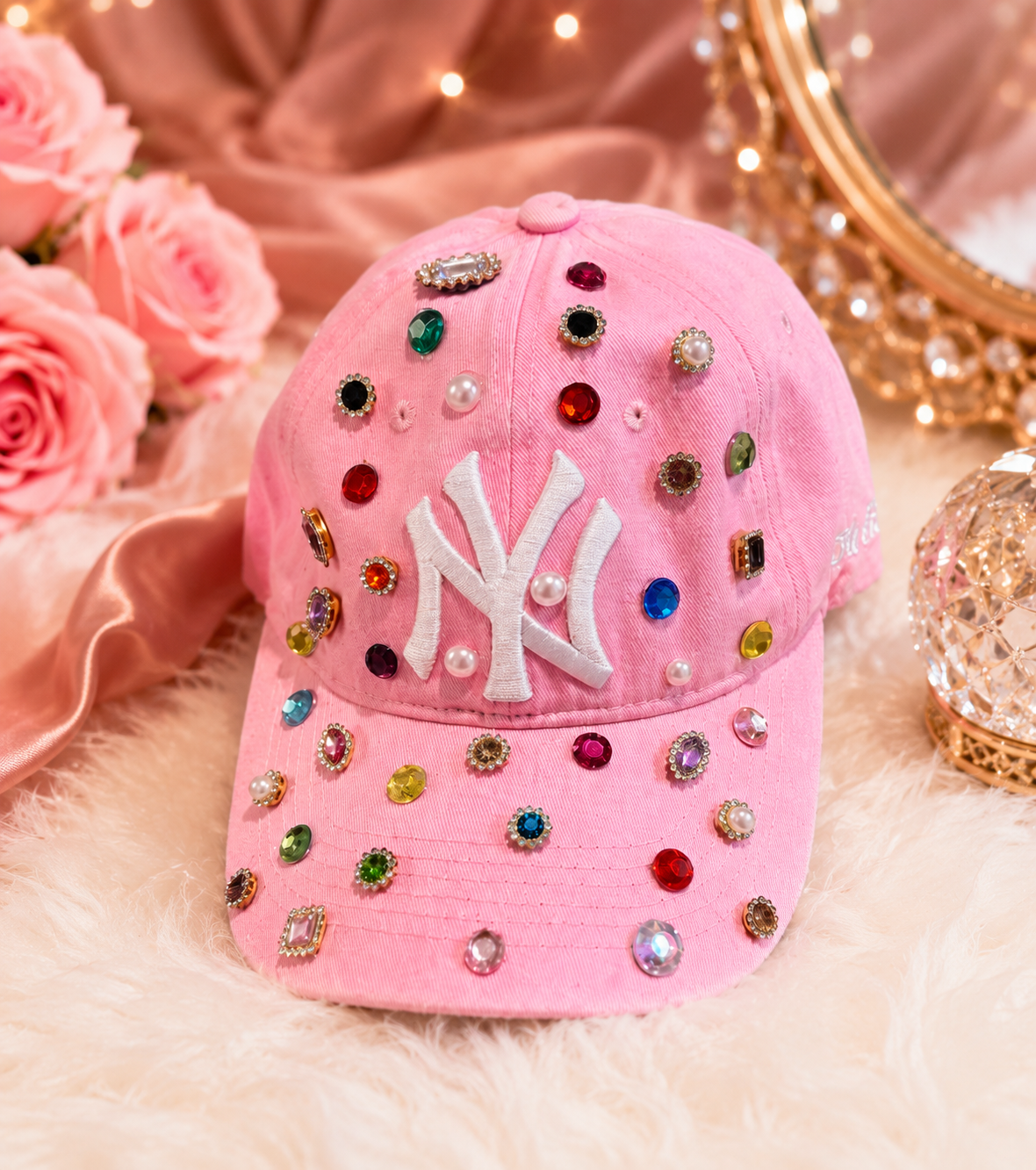 Custom Hand-Beaded Pink NY Yankees Jeweled Hat