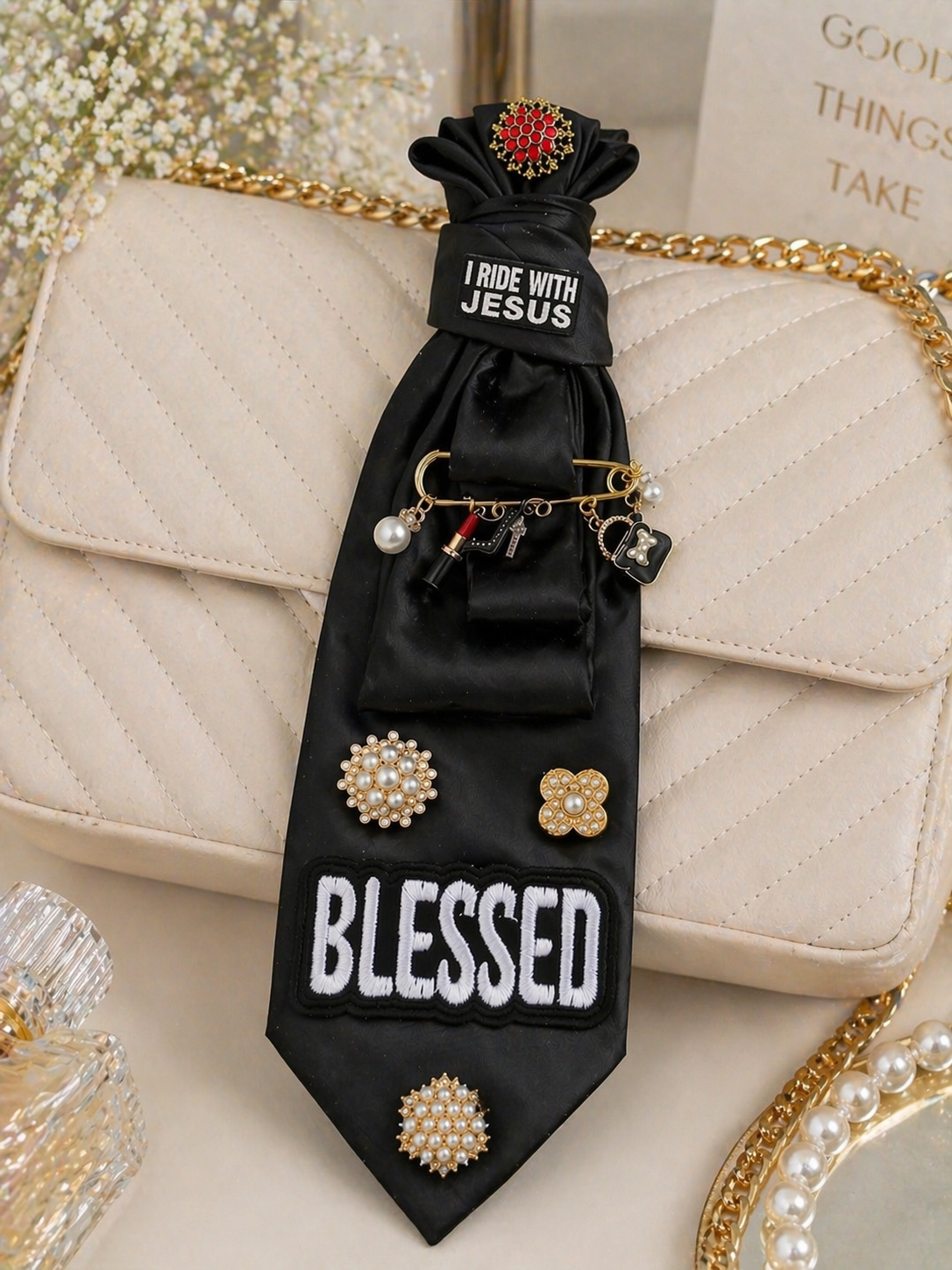 Blessed Black Satin Necklace Tie (One of One)