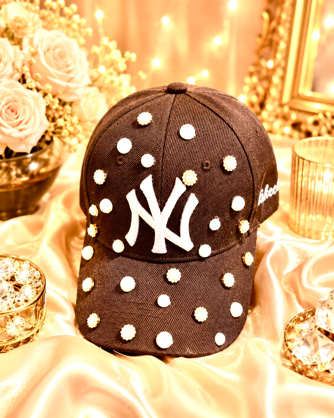 Custom Dark Brown NY Yankees Pearl & Crystal Hat