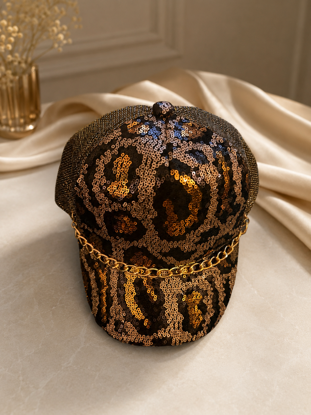Golden Glam Leopard Sequin Statement Hat