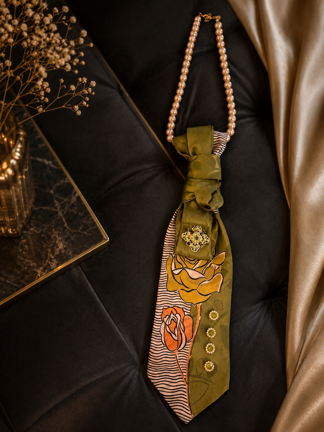 Olive Rose/Gem Statement Necklace Tie