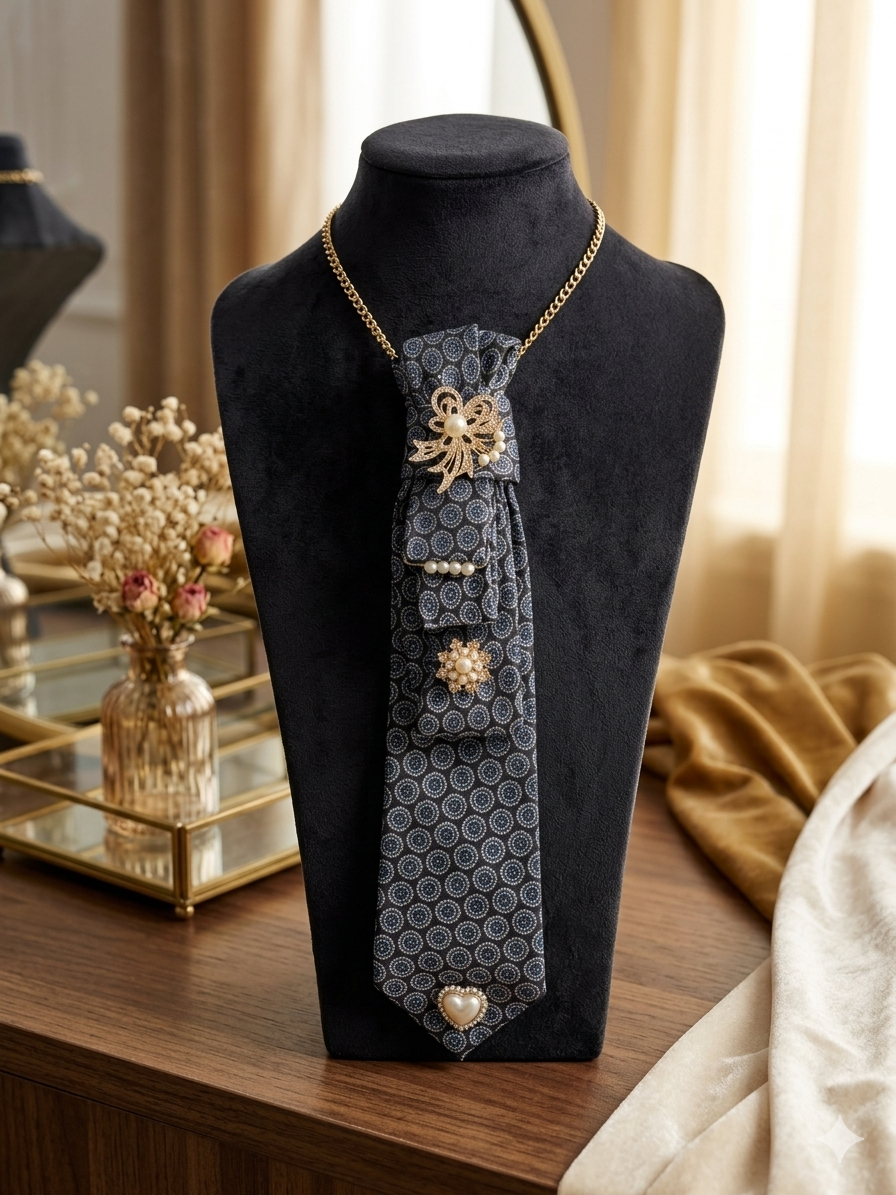 Navy Blue & Silver Statement Necklace Tie with Pearl & Heart Accents